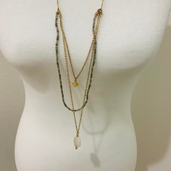 Long Multichain Gold Neckclace Gray Cream Beads - Picture 2 of 4